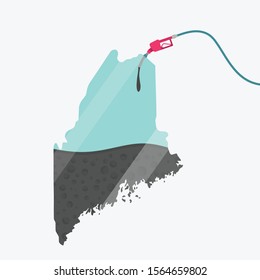 Map of Maine, in USA, being fueled by oil. Gas pump fueled map. On the map there is glass reflection. American state. Conceptual. Oil producing or importing regions.
