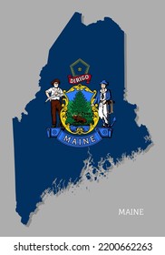Map of Maine USA federal state with flag inside. Highly detailed map of Maine American state with territory borders and national flag realistic vector illustration