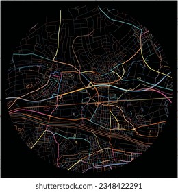 Map of Maintal, Hesse with all major and minor roads, railways and waterways. Colorful line art on black background.