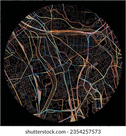 Map of Maisons-Alfort, Val-de-Marne with all major and minor roads, railways and waterways. Colorful line art on black background.