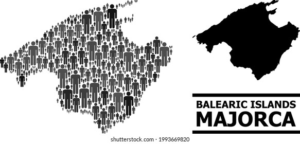 Map of Majorca for national purposes. Vector nation collage. Collage map of Majorca created of population pictograms. Demographic scheme in dark grey color tints.