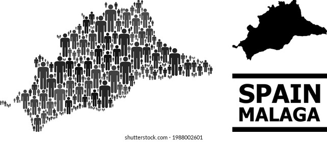 Map of Malaga Province for demographics projects. Vector demographics collage. Collage map of Malaga Province done of men pictograms. Demographic scheme in dark grey color tinges.