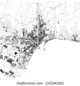 Map Of Malaga, Satellite View, Black And White Map. Street Directory And City Map. Spain