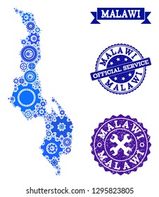 Map of Malawi designed with blue gear items, and isolated grunge watermarks for official repair services. Vector abstract mosaic of map of Malawi with technical symbols in blue color tinges.