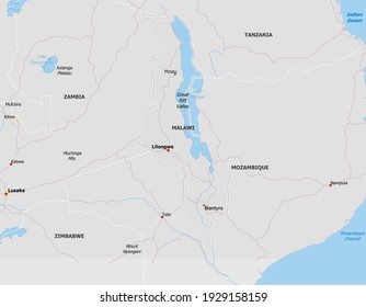Map of Malawi. Map is drawn in high detail and for clarity shows only major cities. Country is drawn with neighboring countries.