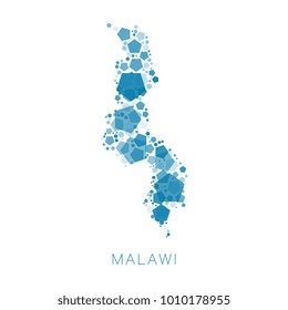 map of Malawi filled with abstract mosaic of pentagons of different sizes and degrees of transparency on white background