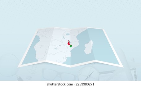 Map of Malawi with the flag of Malawi in the contour of the map on a trip abstract backdrop. Travel illustration.
