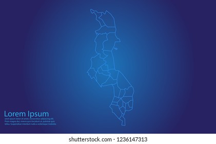 Map of malawi- With glowing point and lines scales on the dark gradient background.french Polynesia map with country borders, thin Blue outline on Dark background.