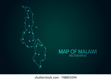 Map of Malawi - With glowing point and lines scales on the dark gradient background, 3D mesh polygonal network connections.Vector illustration eps 10.