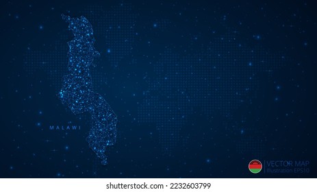 Map of Malawi modern design with polygonal shapes on dark blue background. Business wireframe mesh spheres from flying debris. Blue structure style vector illustration concept.
