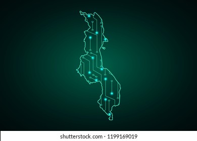 Map of Malawi, network line, design sphere, dot and structure on dark background with Map Malawi, Circuit board. Vector illustration. Eps 10