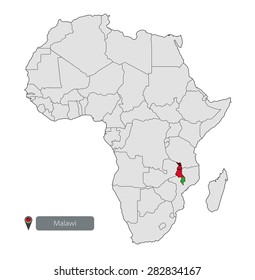 Map of Malawi with an official flag. Location on the continent of Africa