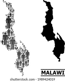Mapa de Malawi para proyectos políticos. Collage demográfico vectorial. Mapa conceptual de Malawi hecho de objetos de tipo. Concepto demográfico en tonos grises oscuros.