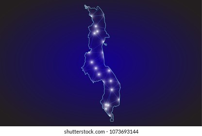 Map of Malawi from polygonal blue lines and glowing stars vector illustration