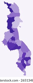 Map of Malawi with regions. Just a simple country border map with region division. Deep purple color palette. Plain Malawi shape with administrative division. Vector illustration.
