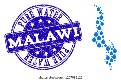 Map of Malawi vector mosaic and Pure Water grunge stamp. Map of Malawi created with blue water drops. Seal with grunge rubber texture for pure drinking water.