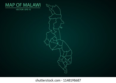 Map of Malawi,Green map on dark background of map of Malawi symbol for your web site design map. Vector illustration eps 10.