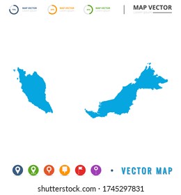 Mapa de Malasia azul e ícono de pin fijo.
