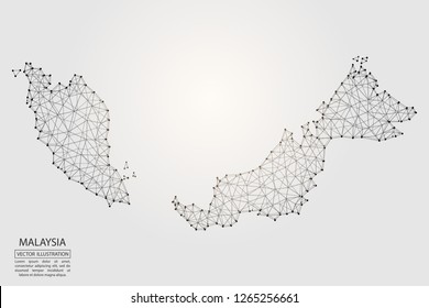 A map of Malaysia consisting of 3D triangles, lines, points, and connections. Vector illustration of the EPS 10.