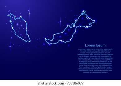 Map Malaysia from the contours network blue, luminous space stars for banner, poster, greeting card, of vector illustration