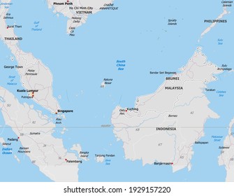 Map of Malaysia. Map is drawn in high detail and for clarity shows only major cities. Country is drawn with neighboring countries.