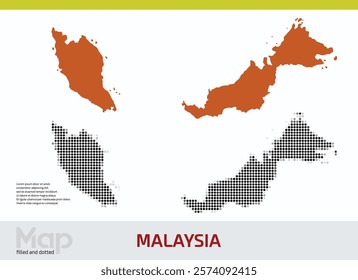 A map of Malaysia in dual designs, featuring brown-filled details and black abstract dotted patterns, isolated on a white background
