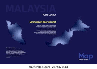 Map of Malaysia featuring rounded squares with light blue color. The name of the capital marked with a red square. Isolated on a dark blue background. Perfect for various design projects
