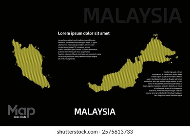 Map of Malaysia featuring yellow geographic lines, isolated on a black background. Perfect for various design projects.