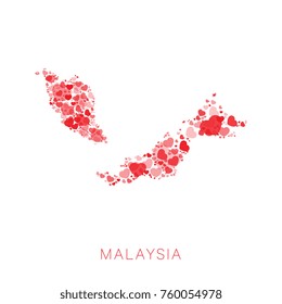 map of malaysia filled with hearts mosaic of different sizes and degrees of transparency