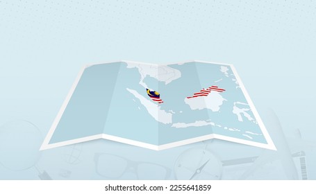 Map of Malaysia with the flag of Malaysia in the contour of the map on a trip abstract backdrop. Travel illustration.