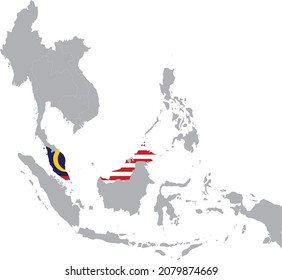 Map of Malaysia with national flag inside the gray map of Southeast region of Asia