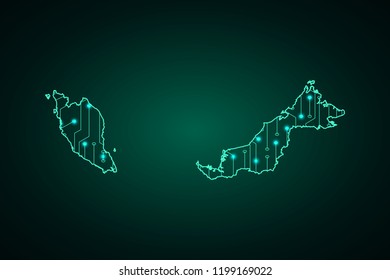 Mapa de Malasia, línea de red, esfera de diseño, punto y estructura sobre fondo oscuro con Map Malaysia, Circuit board. Ilustración vectorial. Eps 10