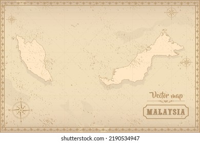 Map of Malaysia in the old style, brown graphics in retro fantasy style