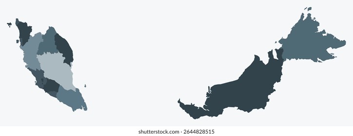 Map of Malaysia with regions. Just a simple country border map with region division. Blue grey color palette. Plain Malaysia shape with administrative division. Vector illustration.
