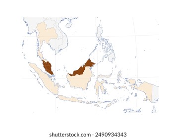 Map of Malaysia in South-Eastern Asia, showcasing neighboring countries. Perfect for Geography Enthusiasts and Educational Use.