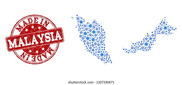 Map of Malaysia vector mosaic and Made In grunge stamp. Map of Malaysia designed with blue cog links. Made in red seal with grunge rubber texture.