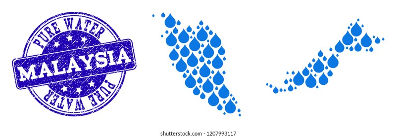 Map of Malaysia vector mosaic and Pure Water grunge stamp. Map of Malaysia designed with blue liquid raindrops. Seal with scratched rubber texture for pure drinking water.