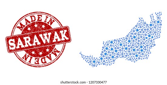 Map of Malaysian Sarawak vector mosaic and Made In grunge stamp. Map of Malaysian Sarawak formed with blue wheel relations. Made in red seal with grunge rubber texture.