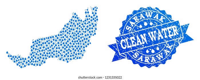 Map of Malaysian Sarawak vector mosaic and clean water grunge stamp. Map of Malaysian Sarawak composed with blue aqua drops. Seal with grunge rubber texture for clean drinking water.
