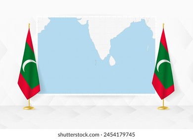Map of Maldives and flags of Maldives on flag stand. Vector illustration for diplomacy meeting.