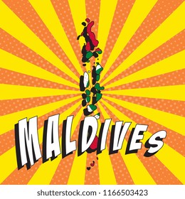 map of maldives with national flag in retro comic pop art style on colorful background with radial lines