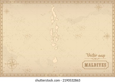 Map of Maldives in the old style, brown graphics in retro fantasy style