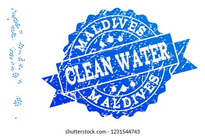 Map of Maldives vector mosaic and clean water grunge stamp. Map of Maldives composed with blue aqua raindrops. Seal with distress rubber texture for clean drinking water.