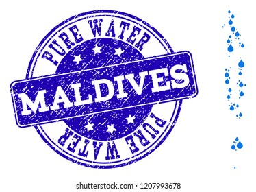 Map of Maldives vector mosaic and Pure Water grunge stamp. Map of Maldives created with blue liquid dews. Seal with grunge rubber texture for clean drinking water.