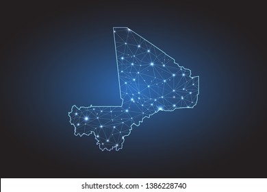 Map of Mali - Abstract mash line and point scales on circuit dark background. Wire frame 3D mesh polygonal network line, design sphere, dot and structure. Vector illustration eps 10.