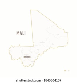 Mapa de Mali con frontera, ciudades y la capital Bamako. Cada ciudad tiene por separado para su diseño. Ilustración vectorial