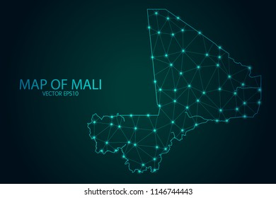 Map of Mali - With glowing point and lines scales on The Dark Gradient Background, 3D mesh polygonal network connections. Vector illustration eps10.