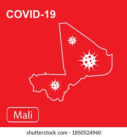 Map of Mali labeled "COVID-19". White outline map on a red background. Vector illustration of a virus, coronavirus, epidemiology.