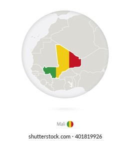 Map of Mali and national flag in a circle. Mali map contour with flag. Vector Illustration.