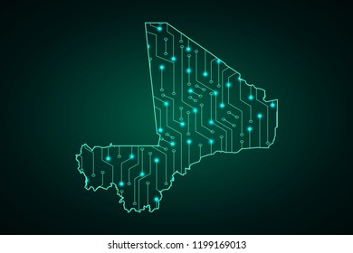 Map of Mali, network line, design sphere, dot and structure on dark background with Map Mali, Circuit board. Vector illustration. Eps 10